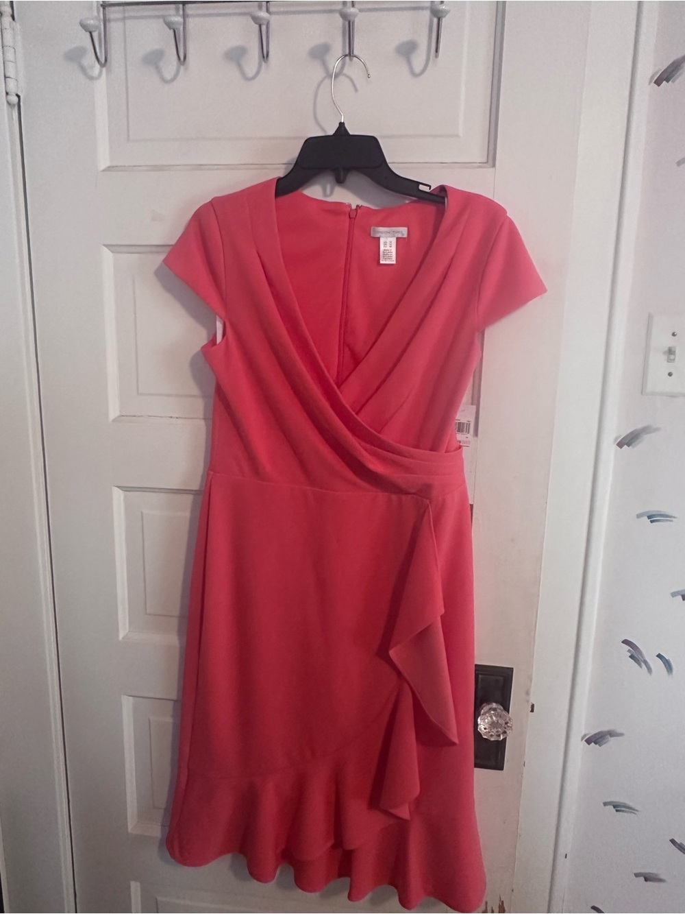 London Times Coral Wrap-Front Ruffle Midi Dress